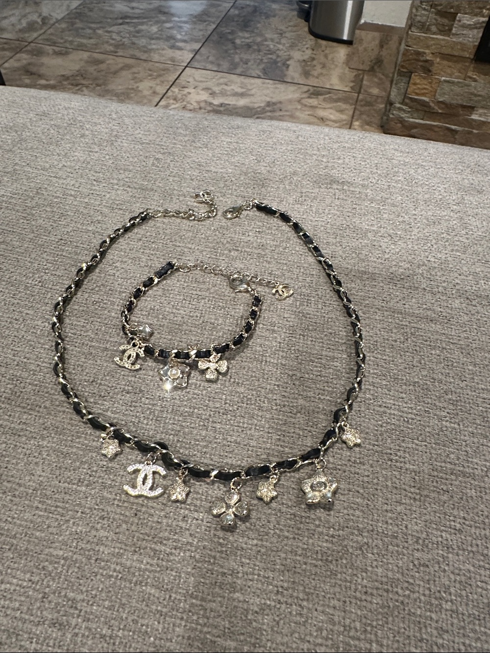 Black and Gold Crystal Charm Necklace and Bracelet Set